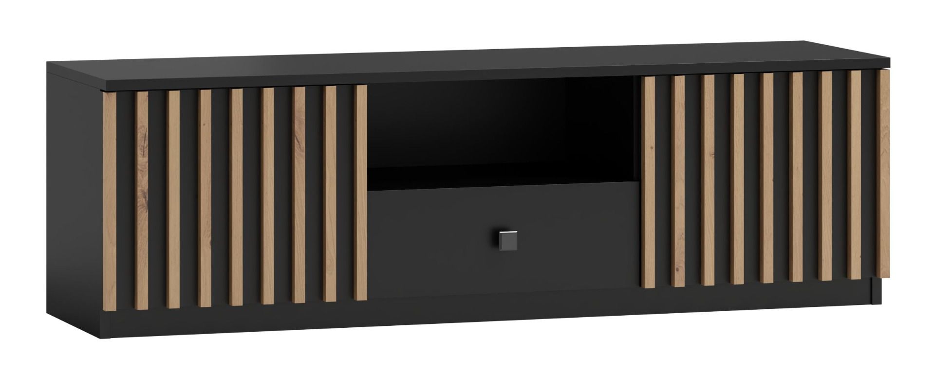 TV base cabinet Cikarang 09, Colour: Black / Oak - Measurements: 43 x 140 x 50 cm (H x W x D)