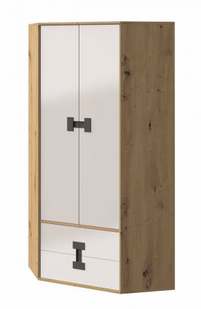 Children's room - Hinged door cabinet / Corner Closet Garian 02, Colour: Oak / White / Grey, Measurements: 191 x 88 x 88 cm (H x W x D).