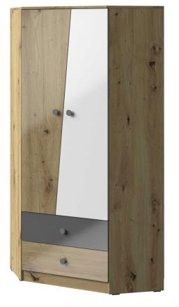 Hinged door cabinet / Corner Closet Sirte 02, Colour: Oak / White / Grey high gloss - Measurements: 190 x 87 x 87 cm (H x W x D).
