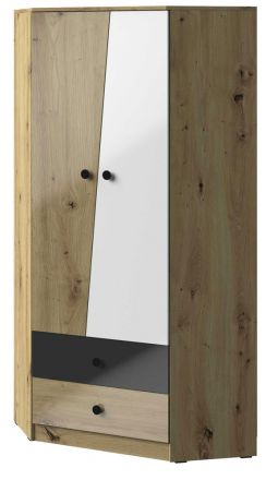 Hinged door cabinet / Corner Closet Sirte 02, Colour: Oak / White / Black high gloss - Measurements: 190 x 87 x 87 cm (H x W x D).