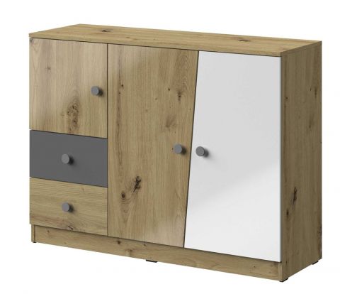 Chest of drawers Sirte 07, Colour: Oak / White / Grey high gloss - Measurements: 90 x 120 x 40 cm (H x W x D)