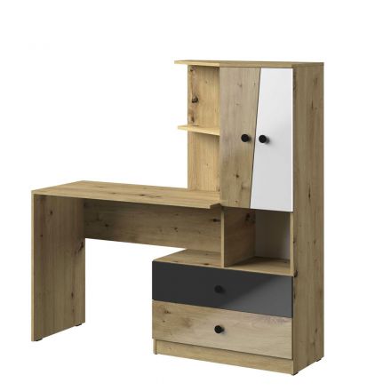 Desk with cabinet extension Sirte 11, Colour: Oak / White / Black high gloss - Measurements: 153 x 150 x 50 cm (H x W x D)