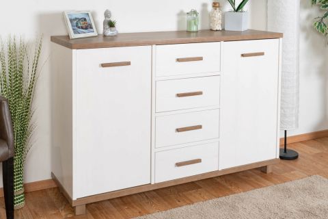 Children's room - Chest of drawers Hermann 06, Colour: White Bleached / Nut colours, partial solid wood - 91 x 140 x 40 cm (h x w x d)