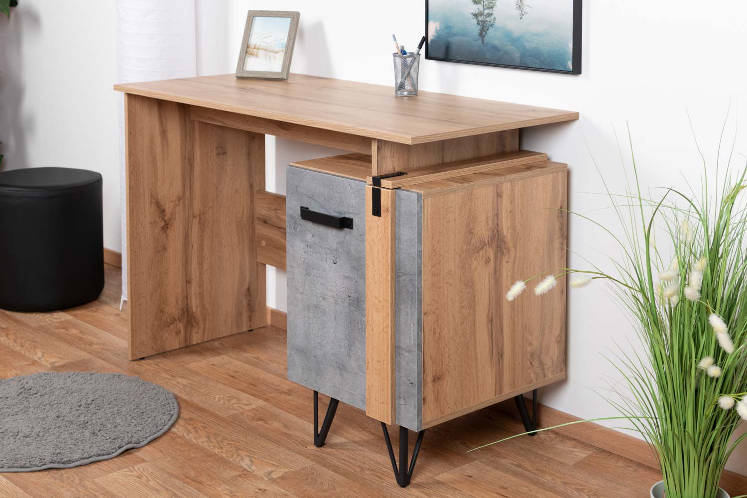 Desk Atule 09, Colour: Oak / Grey - Measurements: 80 x 120 x 56 cm (H x W x D)