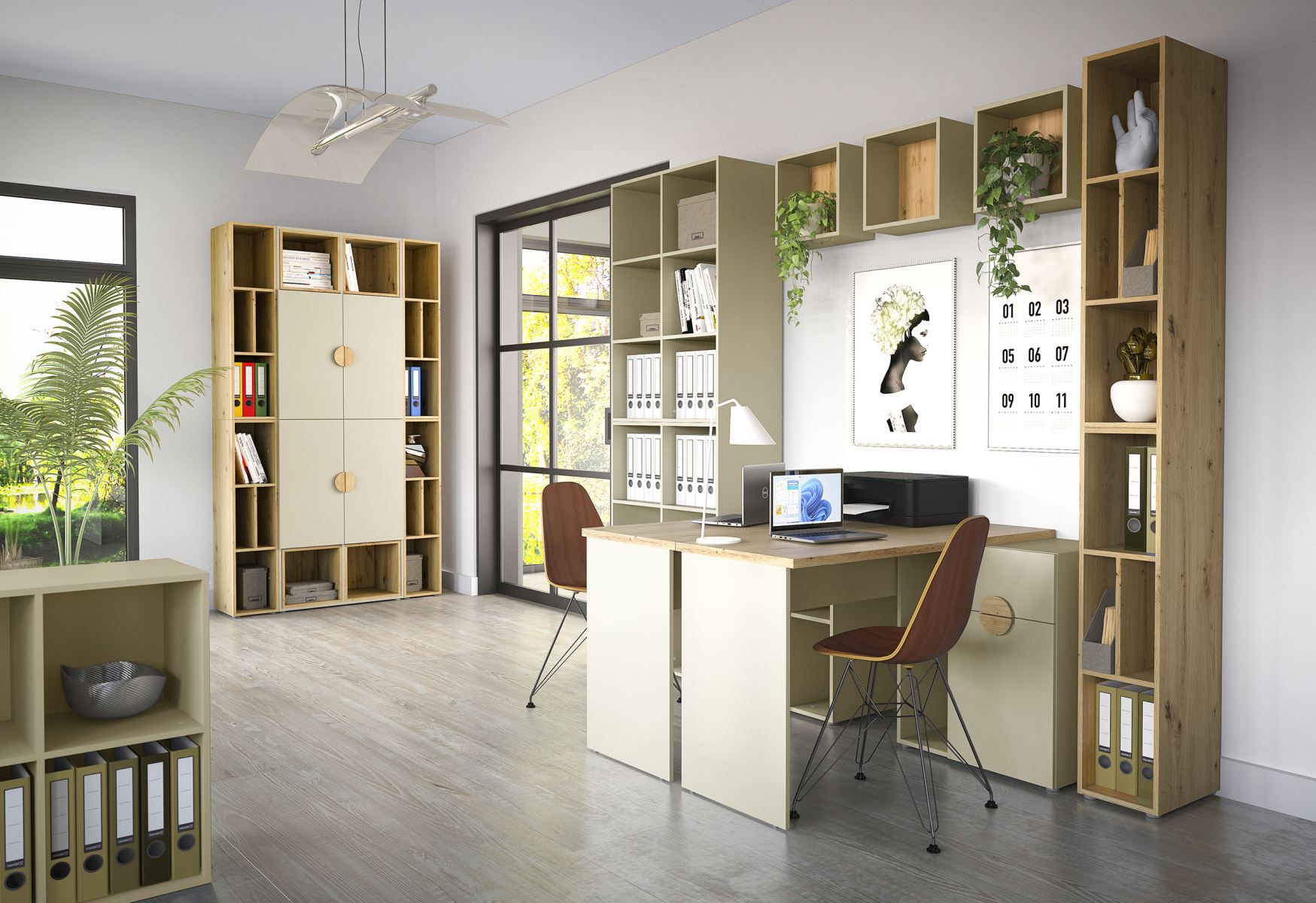 Office complete set E vendace, 16-piece, color: beige / oak Artisan