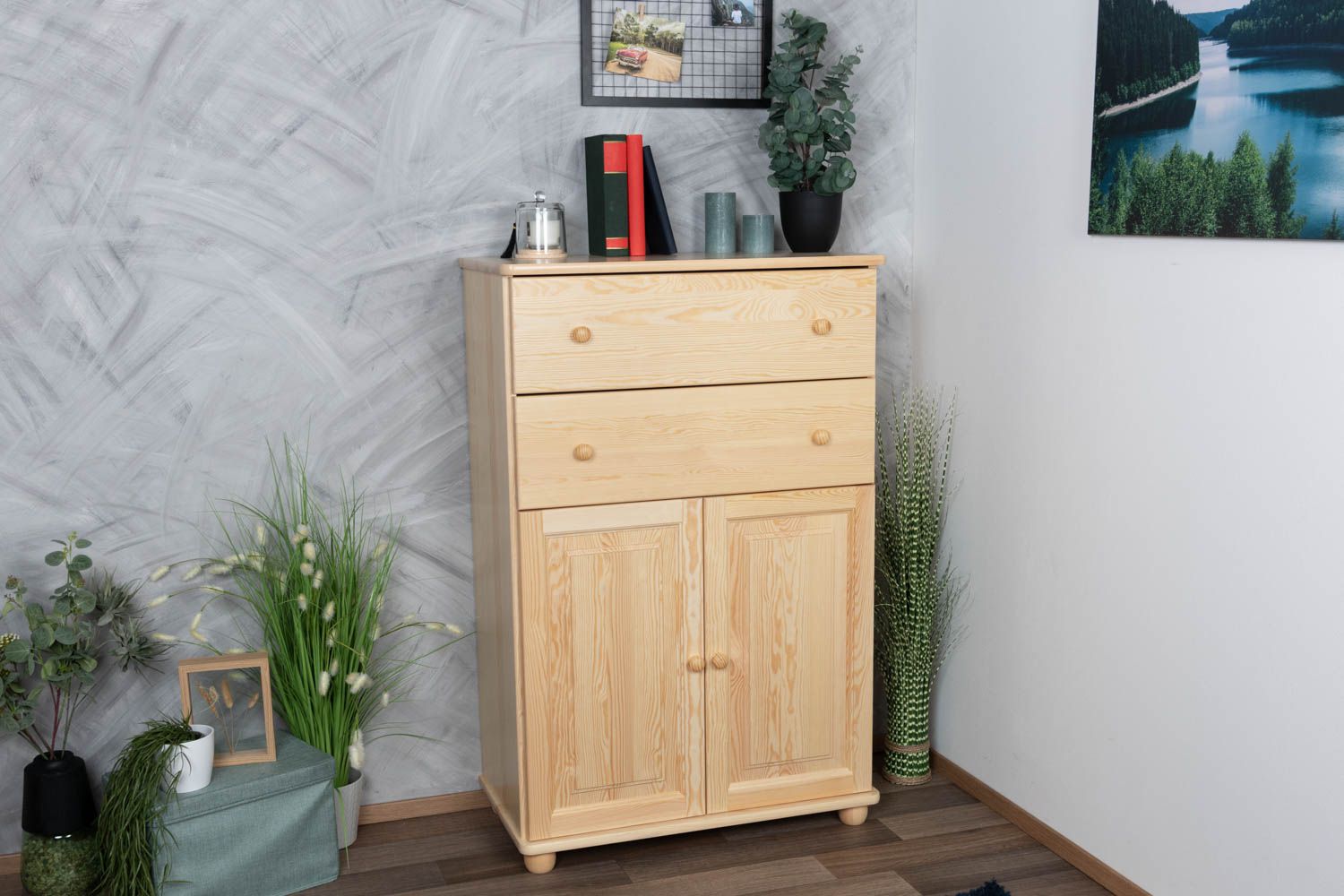 2 Door, 2 Drawer Sideboard Junco 160, solid pine wood, clearly varnished – H123 x W80 x D43 cm