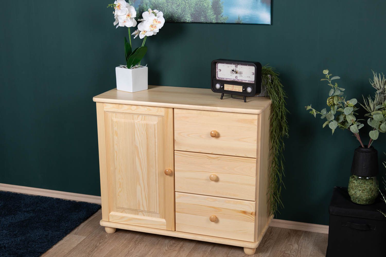 1 Door, 3 Drawer Sideboard 178, solid pine wood, clearly varnished – H78 x W90 x D42 cm