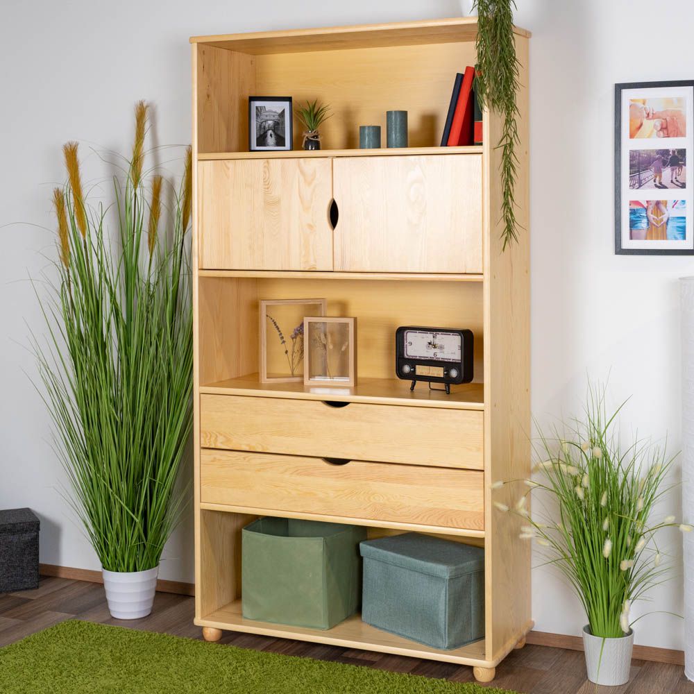 Tall 195cm Standard Bookcase Junco 46A, solid pine wood, clearly varnished - H195 x W100 x D42 cm