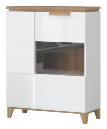 Display cabinet Safotu 03, colour: White high gloss / Walnut - 122 x 95 x 41 cm (H x W x D)