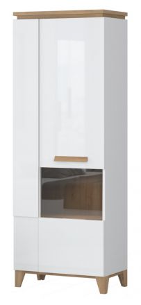 Display cabinet Safotu 02, Colour: White high gloss / Walnut - 194 x 70 x 41 cm (H x W x D)