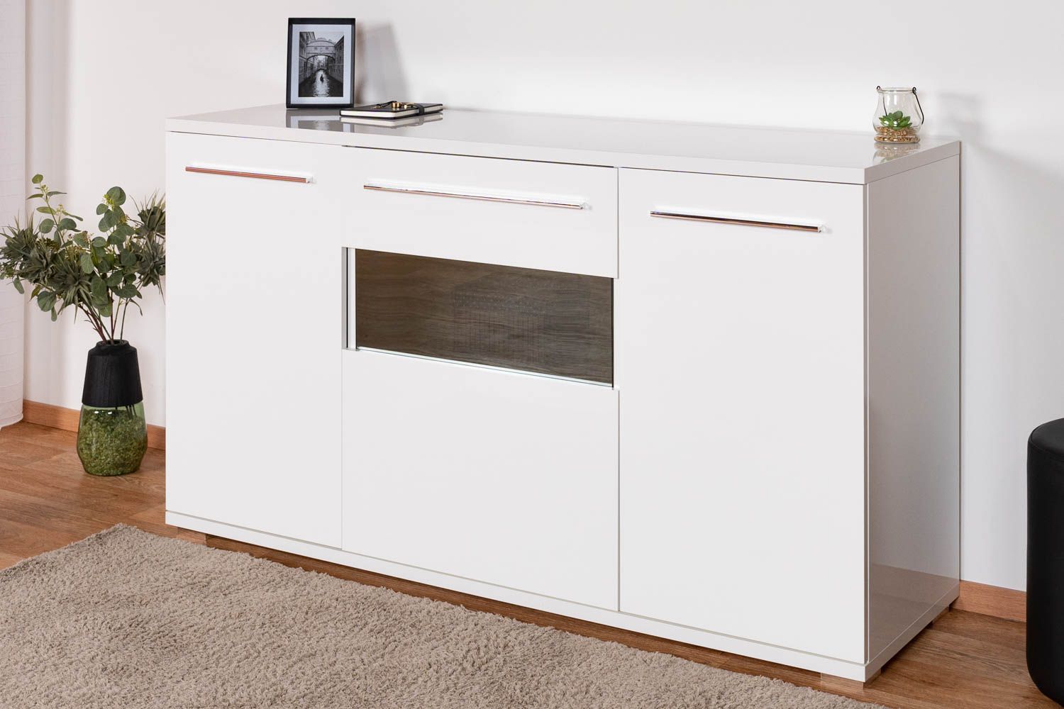 Dresser Garim 3, Colour: White high gloss - 85 x 150 x 45 cm (h x w x d)