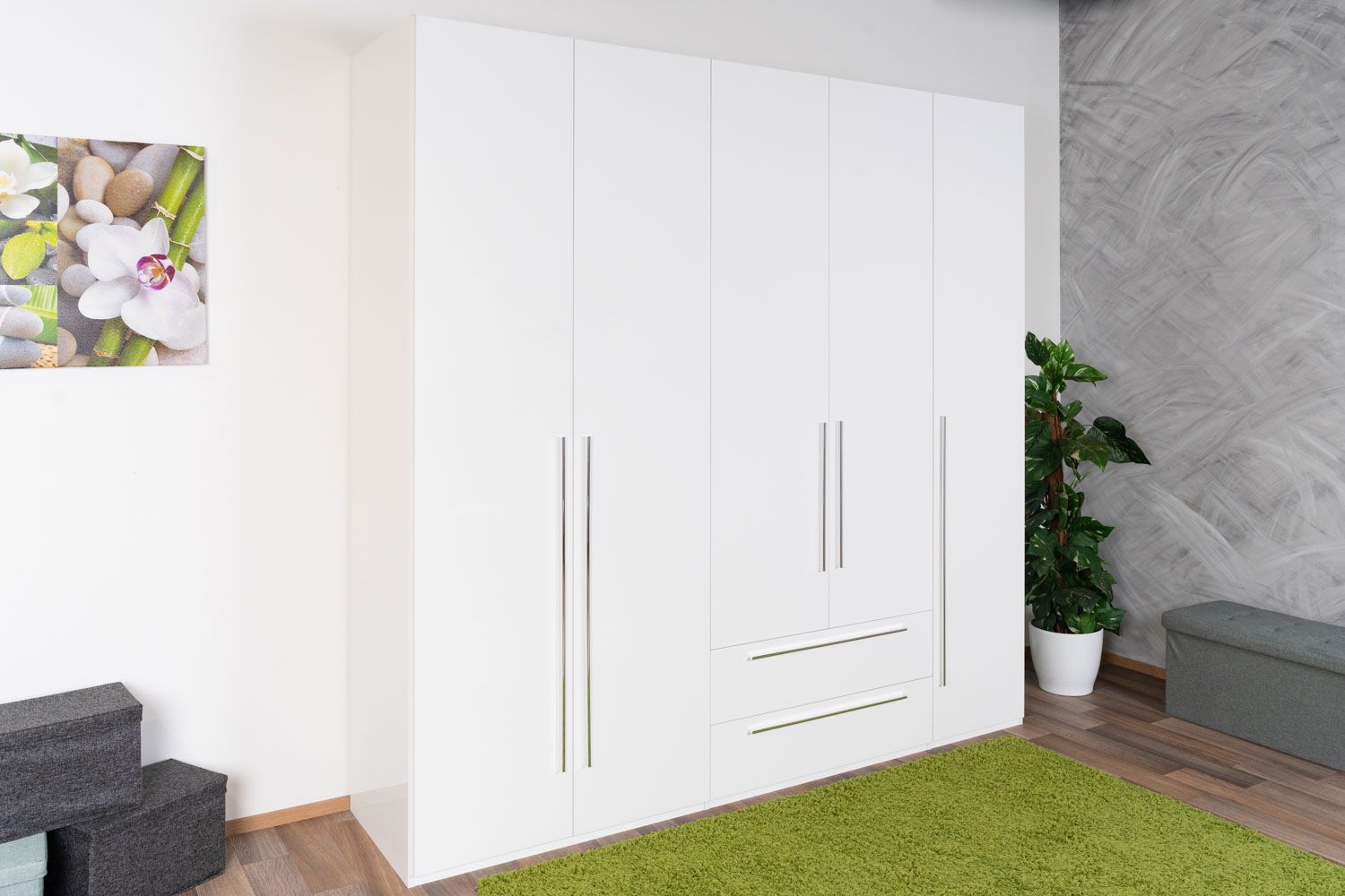 Hinged door closet / closet Siumu 31, color: white / white high gloss - 224 x 227 x 56 cm (H x W x D)