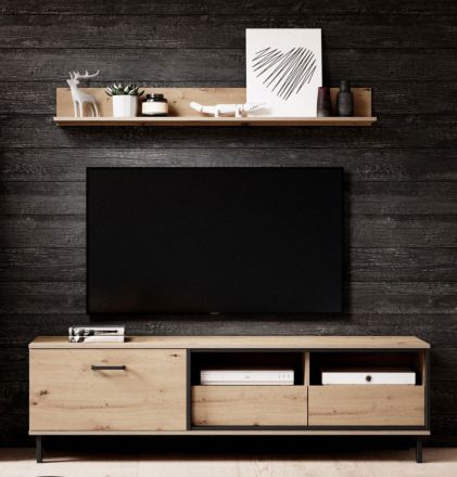 TV base cabinet with Suspended rack / Wall shelf Medenine 03, Colour: Oak / Black - Measurements: 49/17 x 165 x 40 cm (H x W x D)