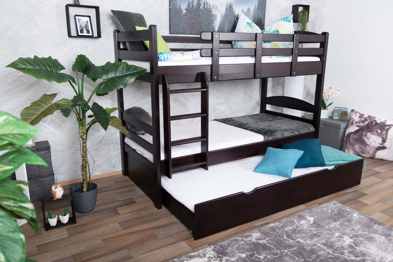Bunk bed 90 x 200 cm "Easy Premium Line" K17/n incl. berth and 2 cover panels, solid beech wood, chocolate brown lacquered, convertible