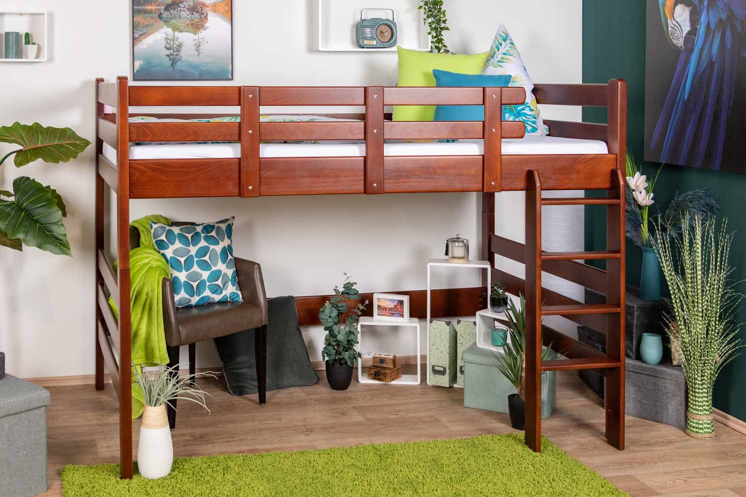 Loft bed 120 x 200 cm "Easy Premium Line" K23/n, solid beech wood, dark brown lacquered, convertible
