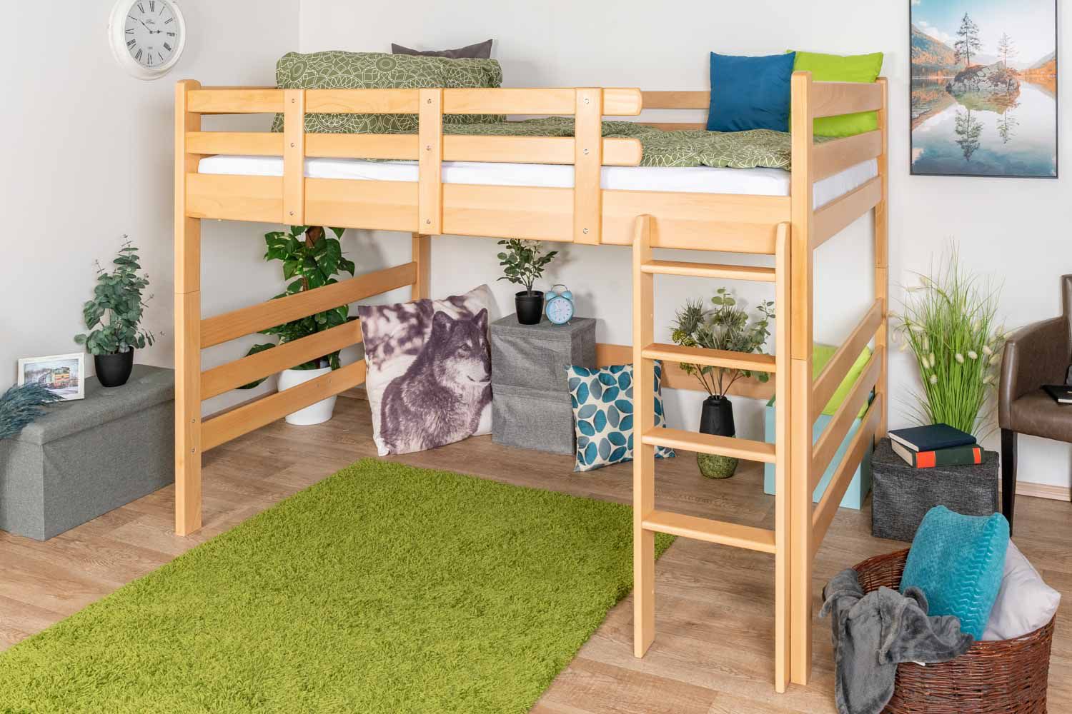 Loft bed 140 x 190 cm for adults "Easy Premium Line" K23/n, solid beech wood natural lacquered, convertible