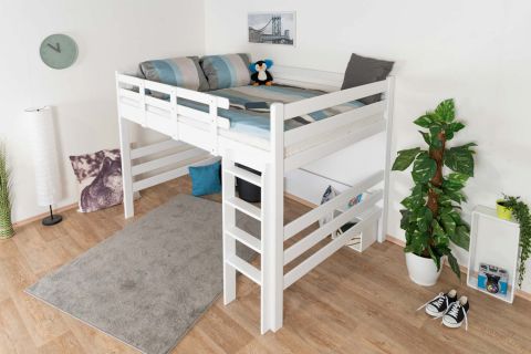 Loft bed 140 x 190 cm "Easy Premium Line" K23/n, solid beech wood, White lacquered, convertible