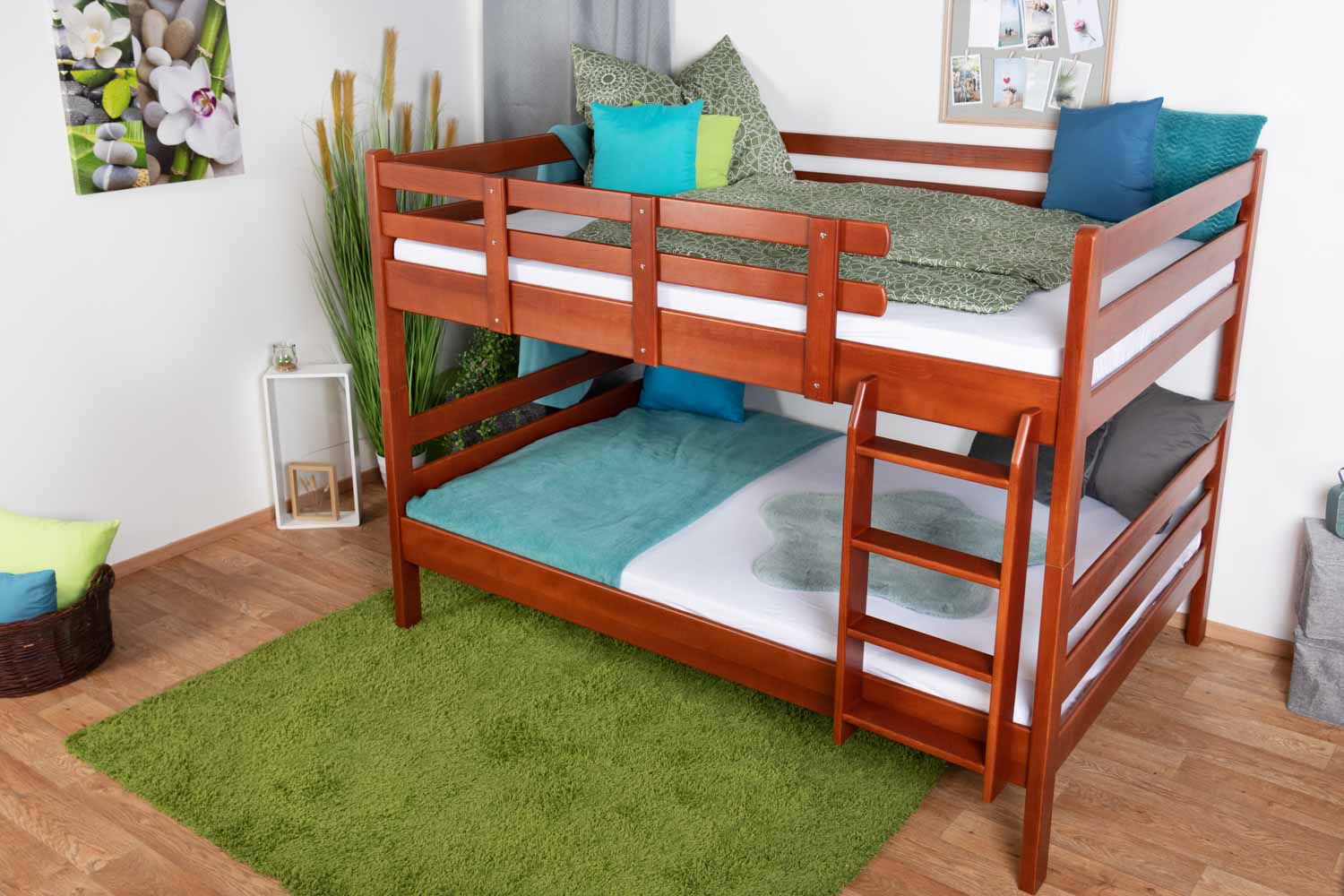Bunk bed 140 x 200 cm "Easy Premium Line" K24/n, head and footboard straight, solid beech wood, cherry lacquered, convertible