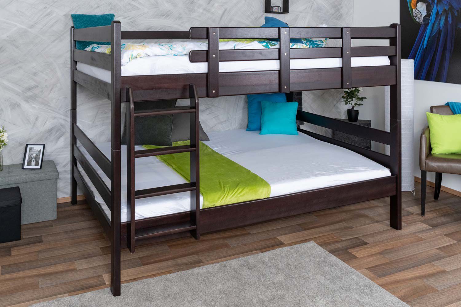 Bunk bed 160 x 200 cm "Easy Premium Line" K24/n, head and foot part straight, solid beech wood, chocolate brown lacquered, convertible