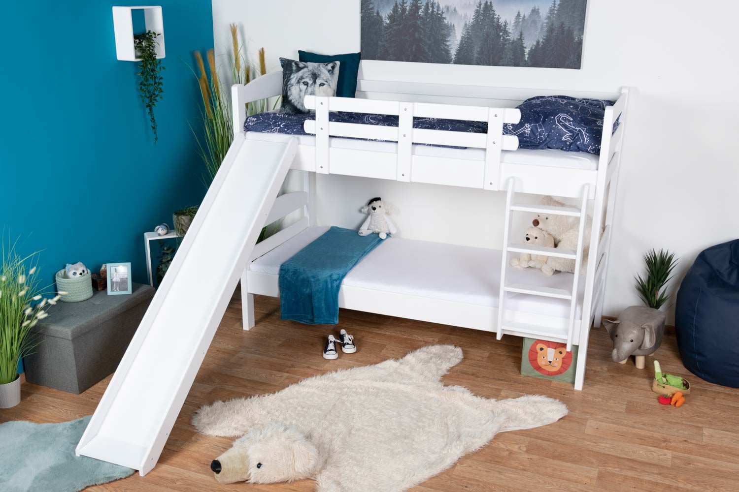 White bunk bed with slide 90 x 190 cm, solid beech wood White lacquered, convertible into two single beds, "Easy Premium Line" K25/n