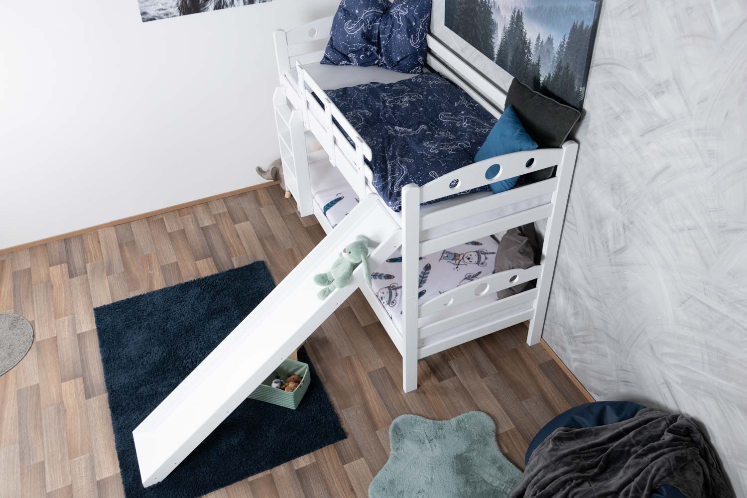 White bunk bed with slide 90 x 190 cm, solid beech wood White lacquered, convertible into two single beds, "Easy Premium Line" K27/n