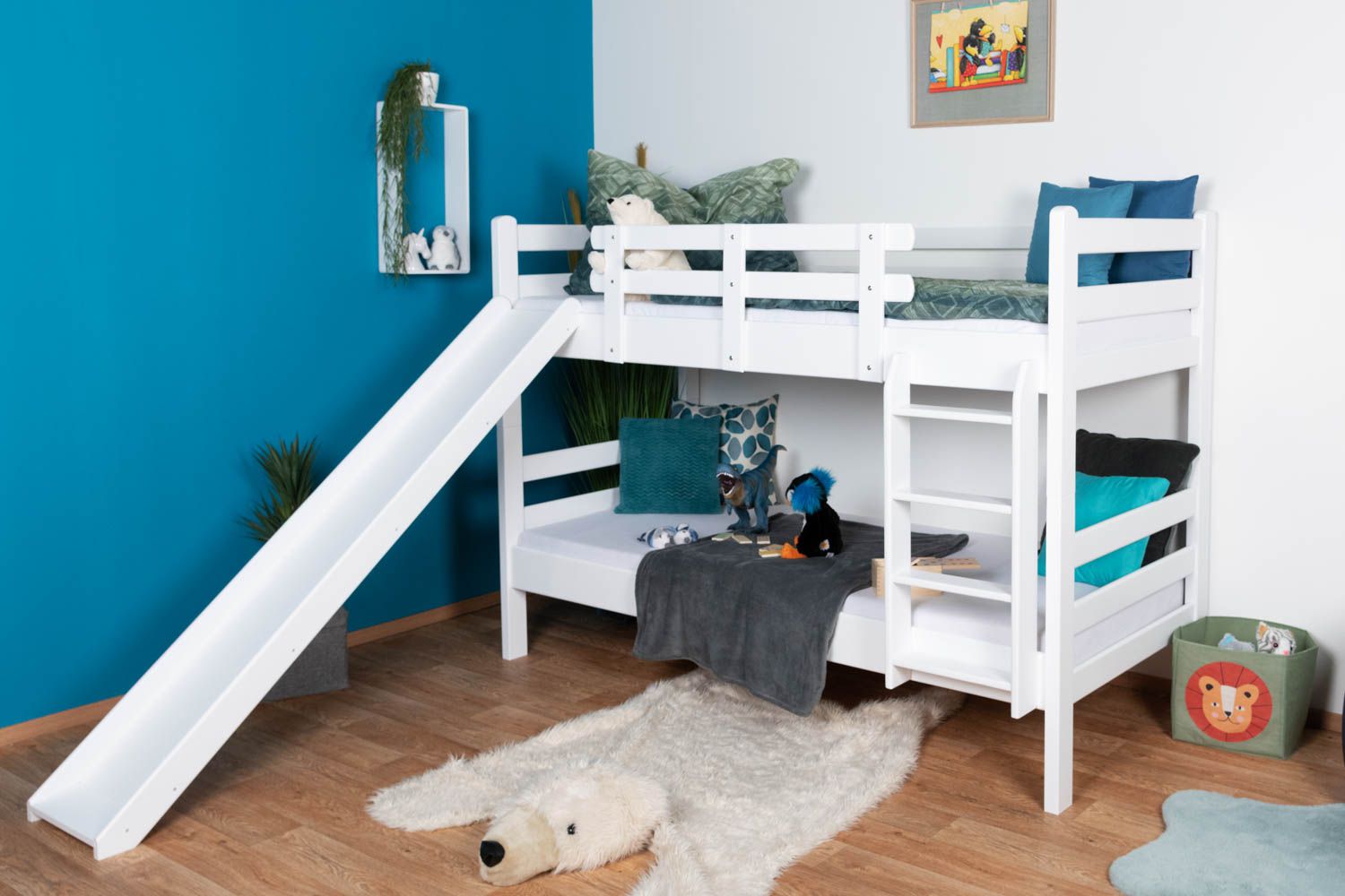 White bunk bed with slide 90 x 200 cm, solid beech wood White lacquered, convertible into two single beds, "Easy Premium Line" K28/n