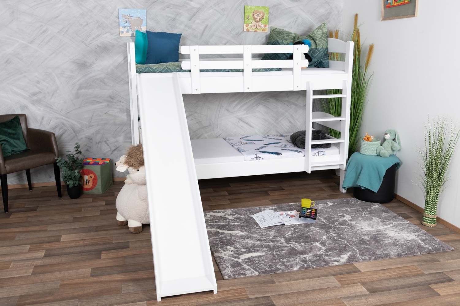 White bunk bed with slide 90 x 190 cm, solid beech wood White lacquered, convertible into two single beds, "Easy Premium Line" K29/n