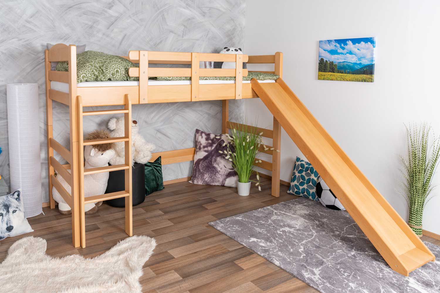Loft bed with slide 90 x 190 cm, solid beech wood natural lacquered, convertible, "Easy Premium Line" K30/n