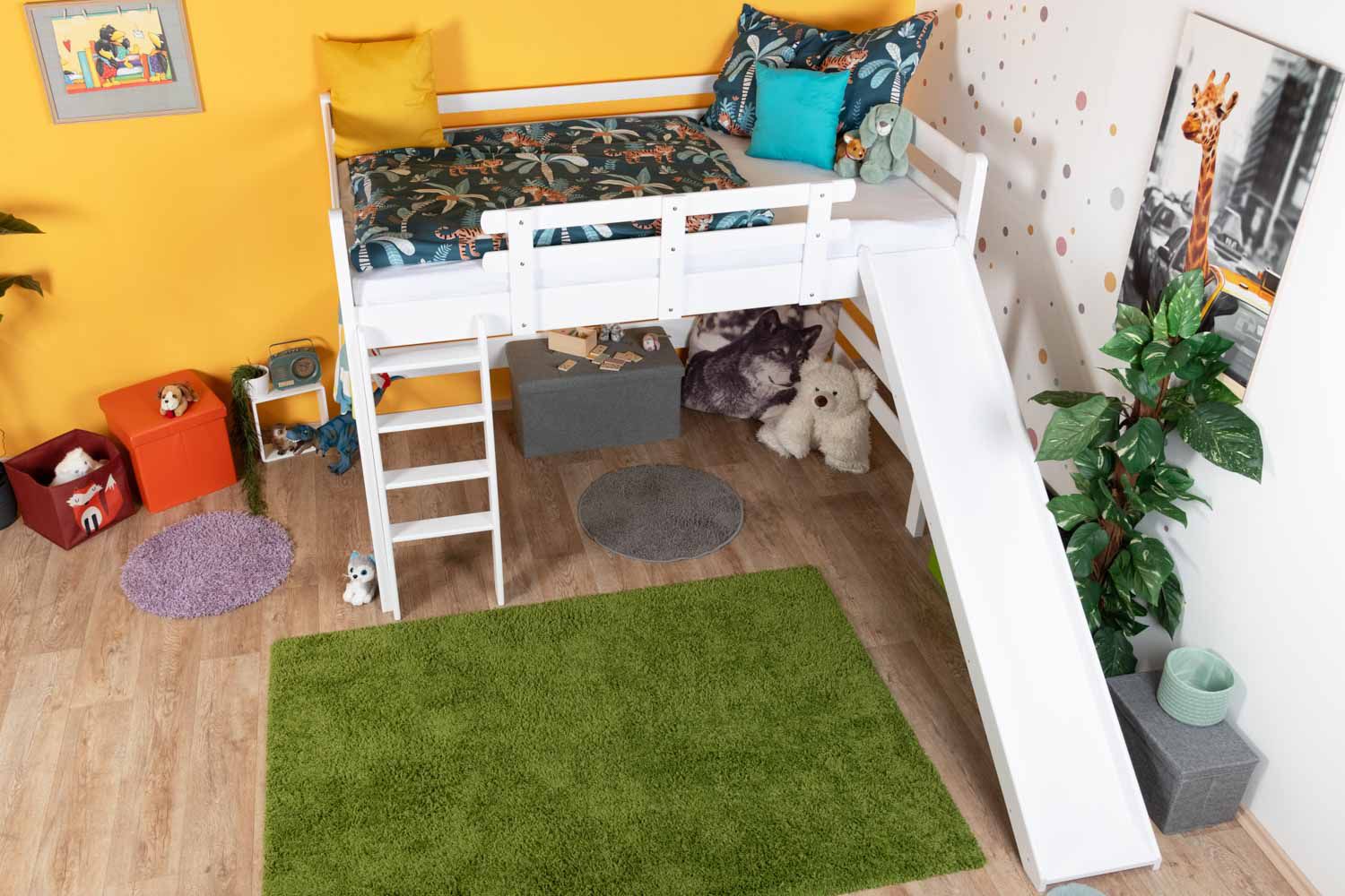 Large white loft bed with slide 120 x 190 cm, solid beech wood white lacquered, convertible into a single bed, "Easy Premium Line" K31/n