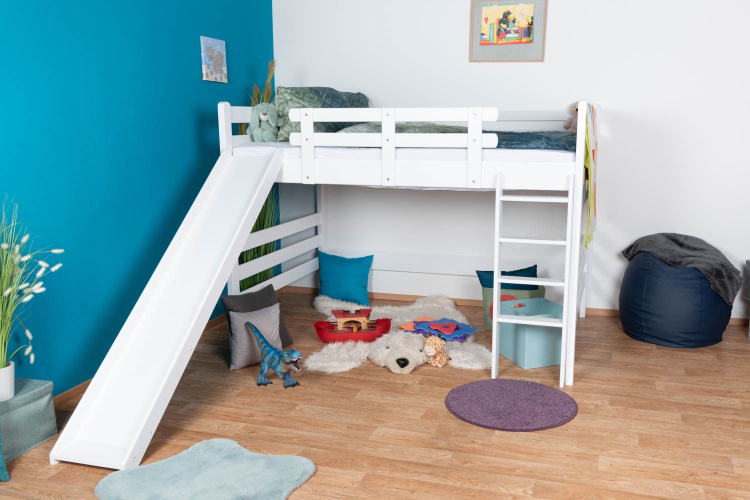 Large white loft bed with slide 160 x 200 cm, solid beech wood White lacquered, convertible into a single bed, "Easy Premium Line" K31/n