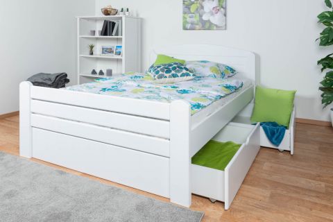 Single bed / guest bed "Easy Premium Line" K7 incl. 2 drawers and 1 cover panel, 140 x 200 cm solid beech wood White lacquered