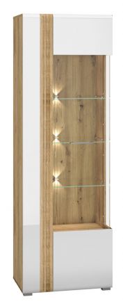 Display case Tullahoma 02, glass door right, Colour: Oak / Glossy White - Measurements: 196 x 65 x 42 cm (H x W x D), with 1 door and 6 compartments.