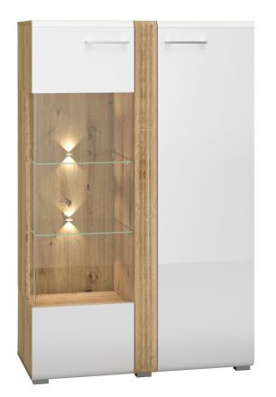Display case Tullahoma 03, glass door left, Colour: Oak / Glossy White - Measurements: 143 x 92 x 42 cm (H x W x D), with 1 door and 9 shelves