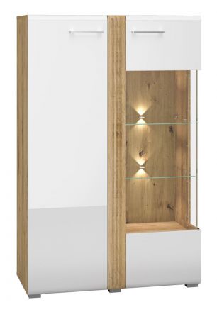 Display case Tullahoma 03, glass door right, Colour: Oak / Glossy White - Measurements: 143 x 92 x 42 cm (H x W x D), with 1 door and 9 shelves