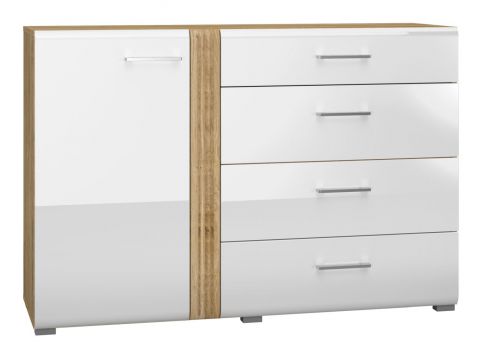Chest of drawers Tullahoma 04, Colour: Oak / Glossy White - Measurements: 90 x 134 x 42 cm (H x W x D), with 1 door, 4 drawers and 2 shelves