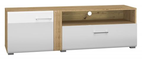TV base cabinet Tullahoma 07, Colour: Oak / Glossy White - measurements: 47 x 150 x 42 cm (H x W x D), with 1 door, 1 drawer and 2 shelves