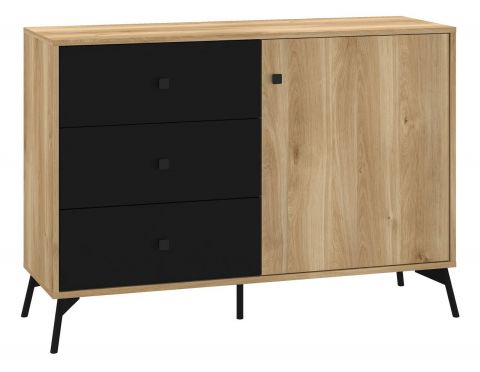 Chest of drawers Lincolnia 05, Colour: Oak / Black - Measurements: 85 x 120 x 40 cm (H x W x D), with 1 door, 3 drawers and 2 compartments.