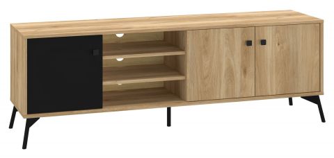 TV base cabinet Lincolnia 06, Colour: Oak / Black - measurements: 55 x 160 x 40 cm (H x W x D), with 3 doors and 5 compartments.