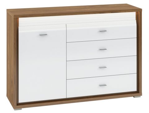 Chest of drawers Tempe 03, Colour: Nut Colours / White high gloss, front insert: White - Measurements: 94 x 138 x 41 cm (H x W x D), with 1 door, 4 drawers and 2 compartments
