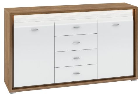 Chest of drawers Tempe 04, Colour: Nut Colours / White high gloss, front insert: White - Measurements: 94 x 164 x 41 cm (H x W x D), with 2 doors, 4 drawers and 4 compartments