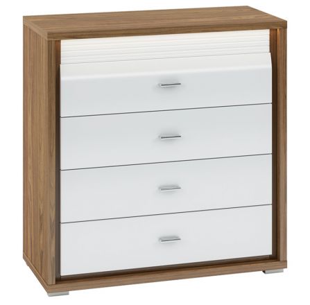 Chest of drawers Tempe 05, Colour: Nut Colours / White high gloss, front insert: White - Measurements: 94 x 92 x 41 cm (H x W x D), with 4 drawers