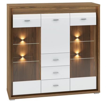 Display case Tempe 07, colour: Nut colours / white high gloss, front insert: Nut colours - measurements: 133 x 135 x 41 cm (H x W x D), with 3 doors, 3 drawers and 8 compartments
