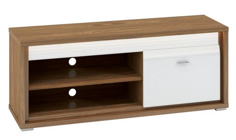 TV base cabinet Tempe 10, colour: Nut colours / white high gloss, front insert: white - measurements: 56 x 138 x 41 cm (H x W x D), with 1 door and 3 compartments