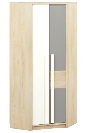 Children's room - Hinged door cabinet / Corner Wardrobe Greeley 01, Colour: Beech / White / Platinum Grey - Measurements: 199 x 82 x 82 cm (h x w x d), with 2 doors and 6 compartments