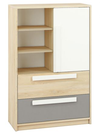 Children's room - Chest of drawers Greeley 07, Colour: Beech / White / Platinum Grey - Measurements: 140 x 92 x 40 cm (h x w x d), with 1 door, 2 drawers and 6 compartments