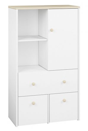 Children's room - Chest of drawers Egvad 08, Colour: White / Beech - Measurements: 141 x 82 x 40 cm (h x w x d), with 1 door, 3 drawers and 4 compartments