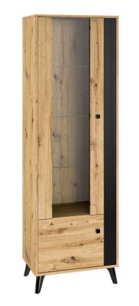 Display case Lassila 02, Colour: oak Artisan / Black - Measurements: 191 x 61 x 40 cm (H x W x D), with one door and 5 compartments.