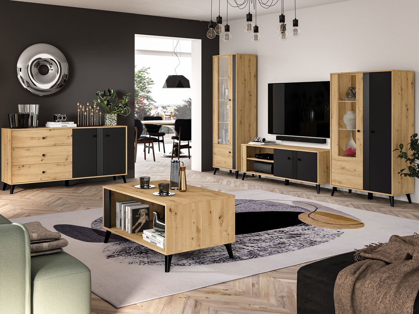 Living room complete - Set B Lassila, 5 pieces, Colour: Oak Artisan / Black