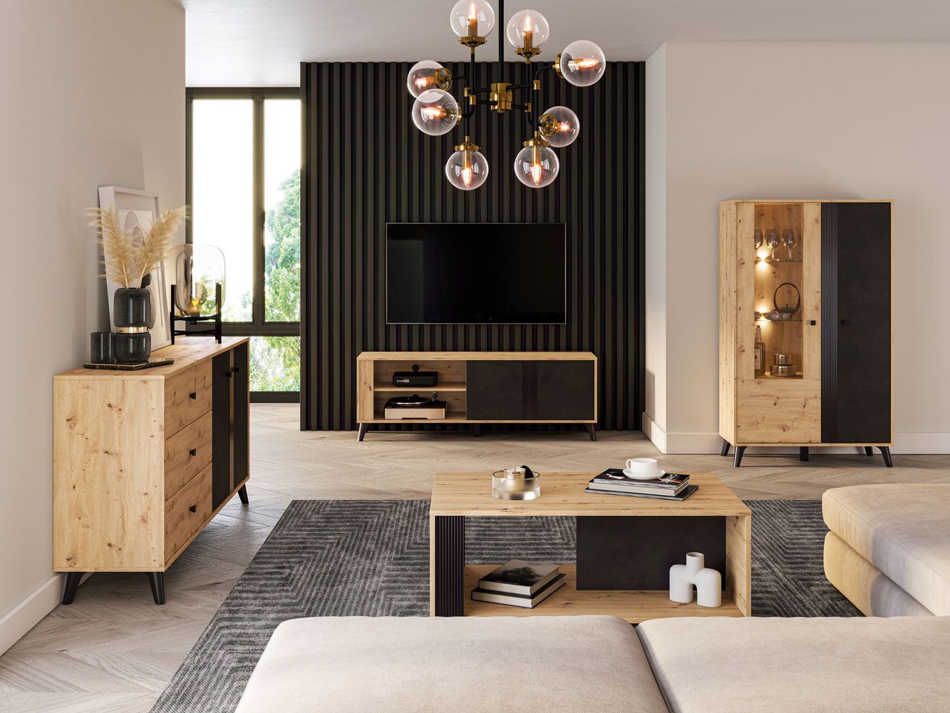 Living room complete - set A Lassila, 4 pieces, Colour: oak Artisan / black