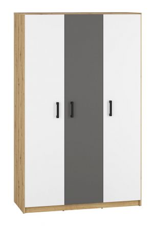 Children's room - Hinged door cabinet / Wardrobe Sallingsund 02, Colour: Oak / White / Anthracite - Measurements: 191 x 120 x 51 cm (H x W x D), with 3 doors and 5 compartments